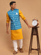 Vastramay Men's Turquoise Ikkat Printed Cotton Nehru Jacket With Mustard Kurta And White Pyjama Set